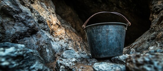 Naklejka premium Close-up of a weathered metal bucket positioned on gray rocks inside a dark cave, highlighting textures and contrasts of bucket and environment.