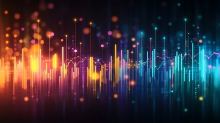 Vibrant Financial Chart, Bar Chart with Multiple Line Graphs, Dark Background, Bright Colors