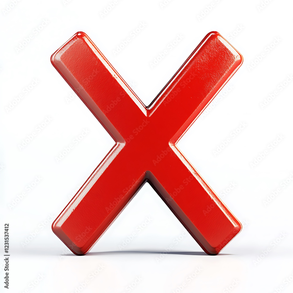 Poster 3d render of glossy red x icon on plain white background, symbolizing rejection or cancellation. thi