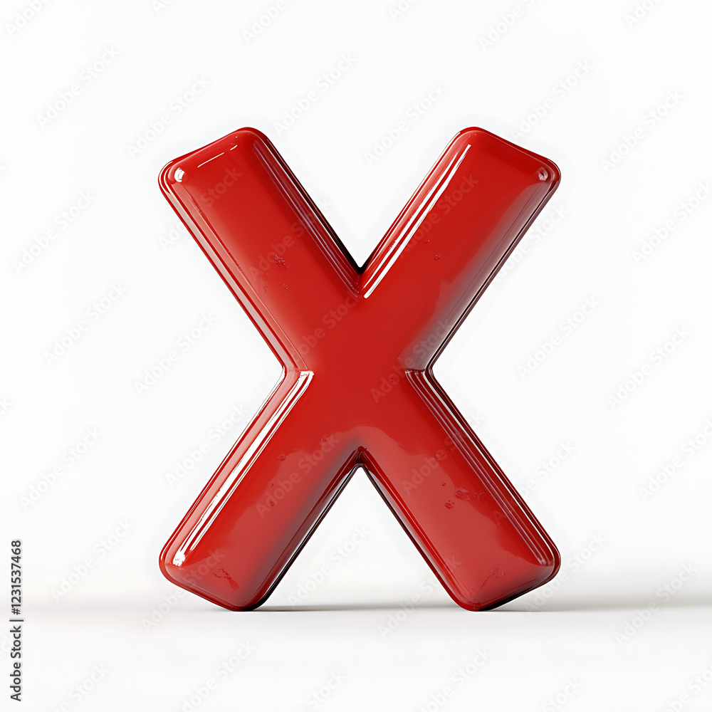 Poster 3d render of glossy red x icon on plain white background, symbolizing rejection or cancellation. thi