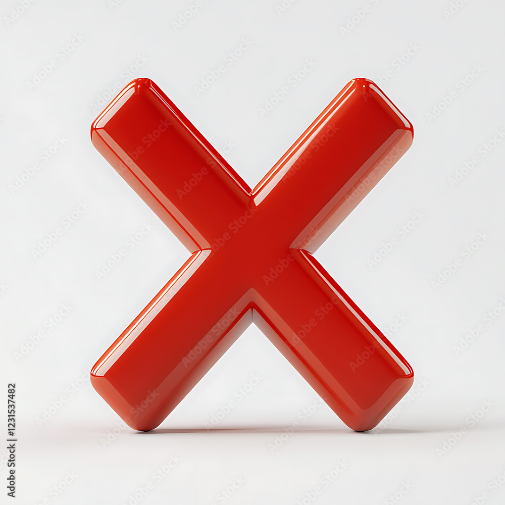 Poster 3d render of glossy red x icon on plain white background, symbolizing rejection or cancellation. thi