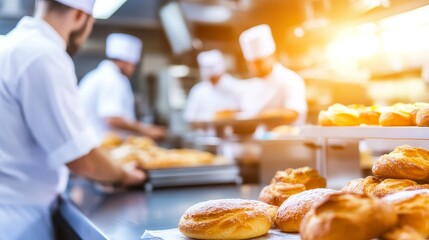 Chefs preparing fresh pastries in a bustling kitchen, with golden baked goods and warm lighting