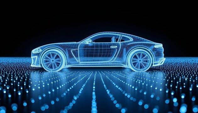 Futuristic Wireframe Car – Glowing Blue Digital Design with Mesh Structure, Technology Innovation, and AI-Driven Automotive Concept in a High-Tech Environment on a Dark Background