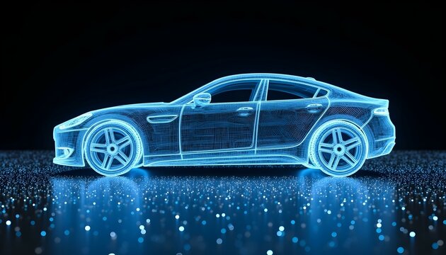Futuristic Wireframe Car – Glowing Blue Digital Design with Mesh Structure, Technology Innovation, and AI-Driven Automotive Concept in a High-Tech Environment on a Dark Background