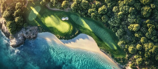 Aerial view of lush green golf course adjacent to sandy beach and turquoise ocean waters framed by dense trees under golden sunlight.