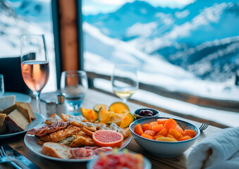 snack on an alpine restaurant in the mountains , winter and skiing