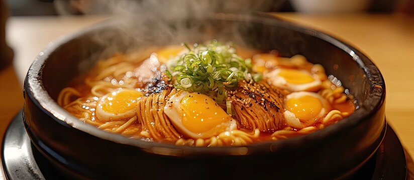 Close up of steaming bowl of Korean ramyeon noodles in spicy chicken soup topped with green onions and boiled eggs against a wooden background