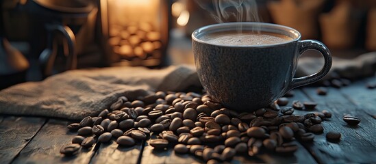 Brewed coffee steaming in a gray cup on wooden table with scattered roasted coffee beans and warm, soft lighting creating a cozy atmosphere