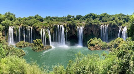 Naklejka premium Panoramic view of cascading waterfall in lush greenery, sunny day