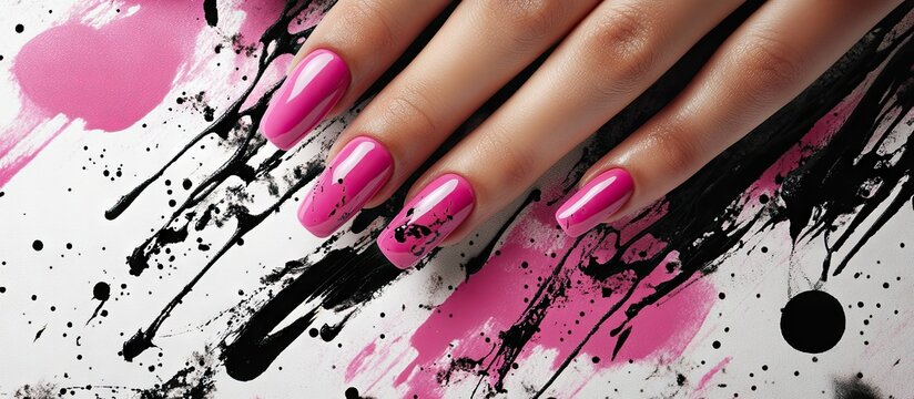 Pink nail polish on hand against a splattered black and pink background, showcasing stylish manicure and artistic design elements.