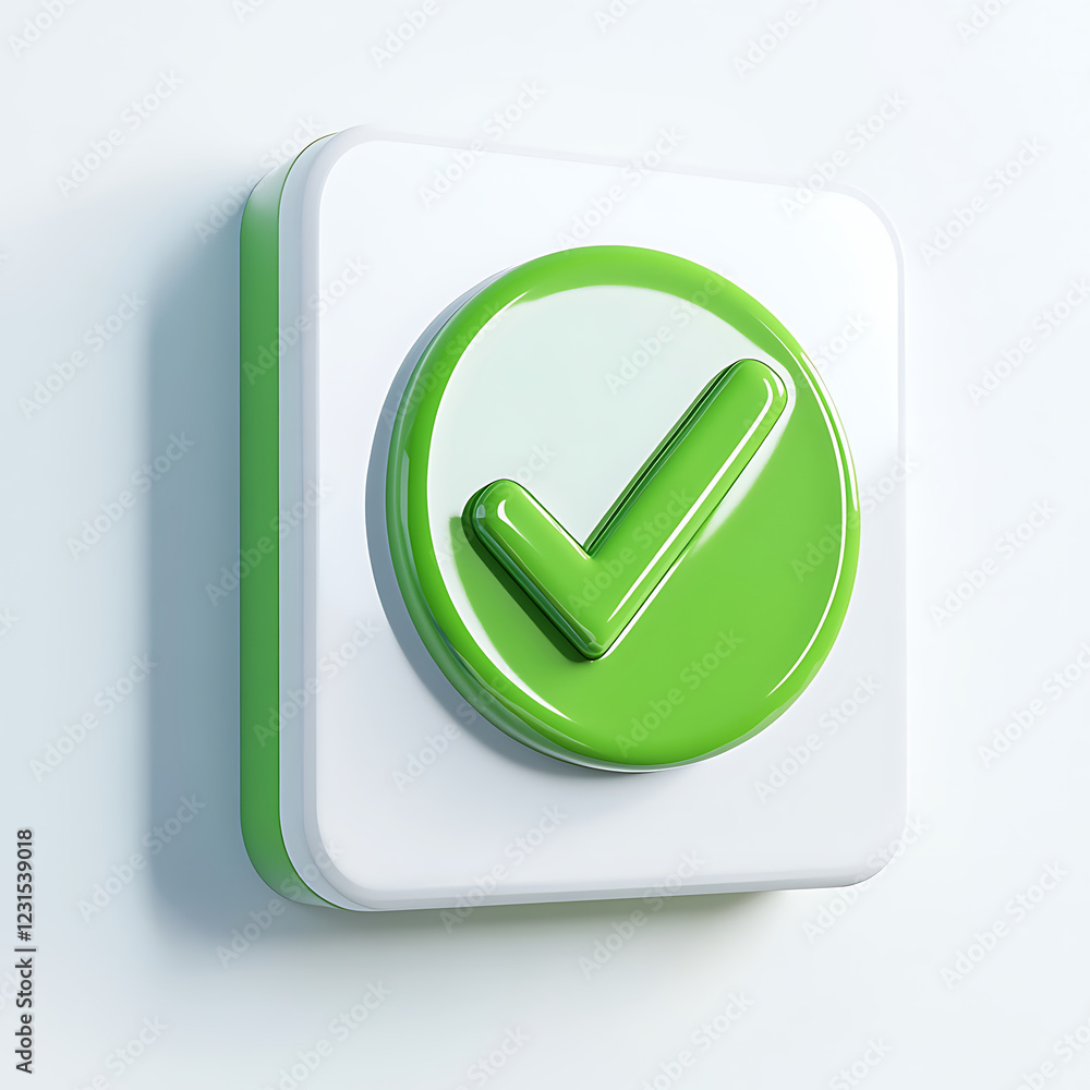 Poster modern and realistic 3d render of green checkmark icon on white background, symbolizing approval and