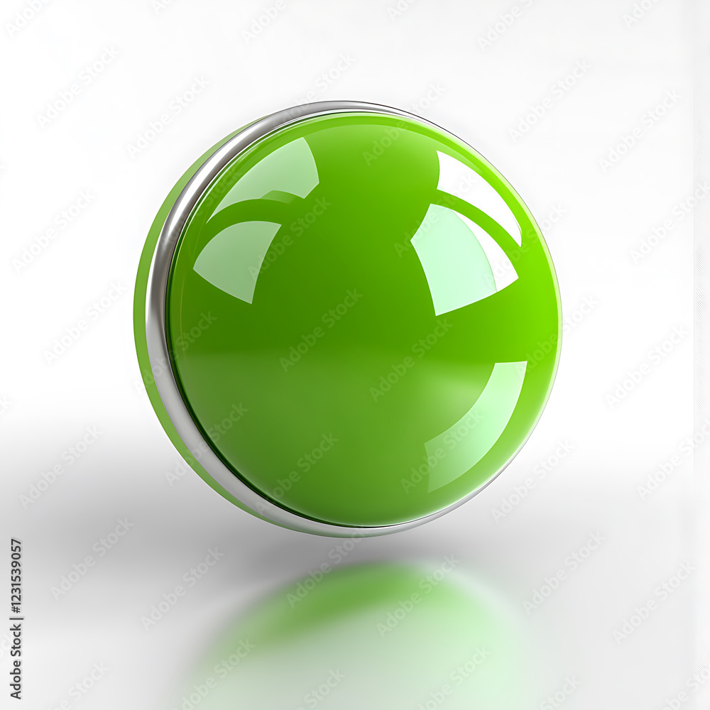 Poster modern and realistic 3d render of glossy green button with metallic edge, showcasing its vibrant col
