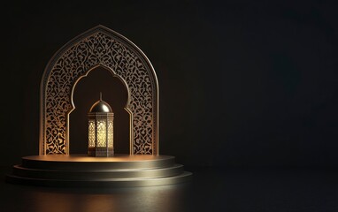 3D render of a podium with a Ramadan Islamic background, featuring a lantern and arch in black color with cloud stars for product display, presentation template design, and decoration element. 