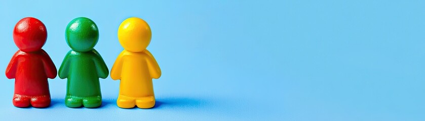 Colorful figures stand on blue background. Teamwork concept