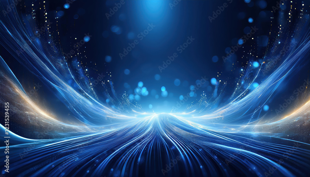 Poster dark blue abstract background with glowing particles and soft illumination, featuring swirling patte