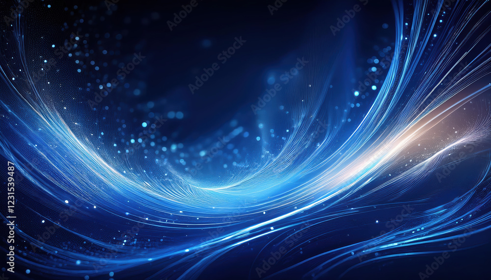 Poster dark blue abstract background with glowing particles and swirling patterns, creating soft illuminati