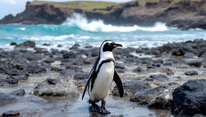 Obraz premium African Penguin on Rocky Beach Near Ocean Waves