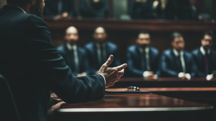 A lawyer gestures while addressing the jury in a courtroom, presenting arguments and evidence during an intense legal trial.  

