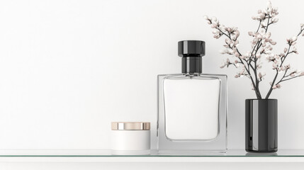 Elegant perfume bottle and cream jar displayed with delicate blossoms on a minimalist shelf. Clean and sophisticated aesthetic.