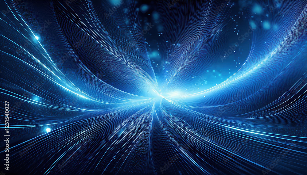 Poster dark blue abstract background with glowing particles and swirling patterns, creating soft illuminati