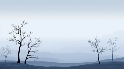 Fototapeta premium Winter landscape, bare trees, foggy hills, serene scene, website background