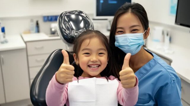 Petite fille asiatique chez une dentiste. Elle l&egrave;ve ses deux pouces avec un grand sourire.