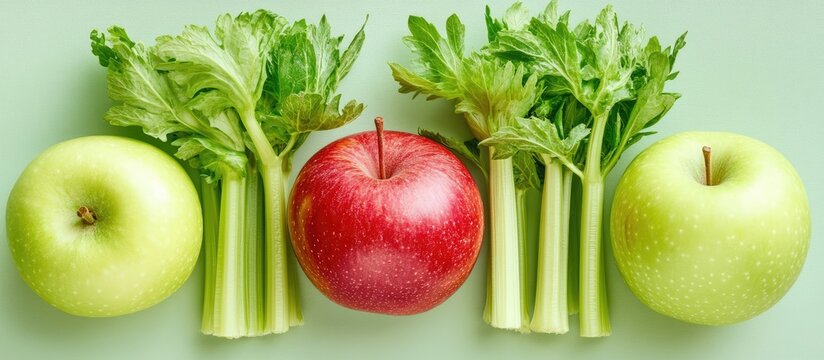 Green apples and a red apple flanked by fresh celery stalks on a light green background showcasing vibrant colors and healthy ingredients for smoothies
