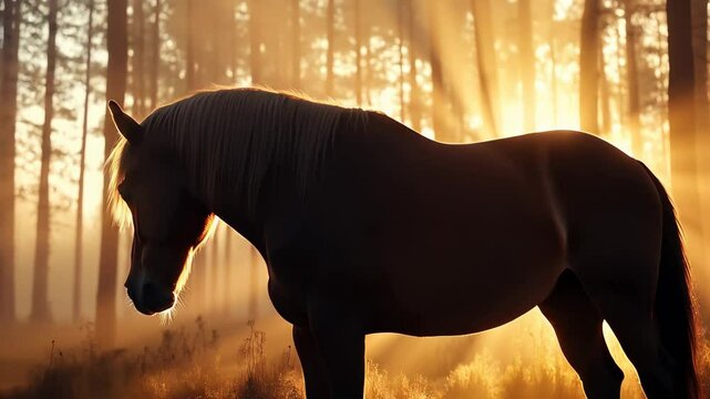 Un cheval &agrave; contrejour devant un beau soleil au milieu d'une for&ecirc;t.