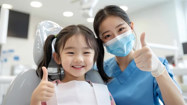 Petite fille asiatique souriante chez une dentiste avec un masque de protection. Elles l&egrave;vent toutes les deux leur pouce.
