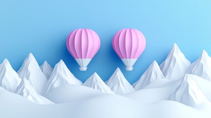 Two miniature pink hot air balloons soaring over a stylized snow-capped mountain range