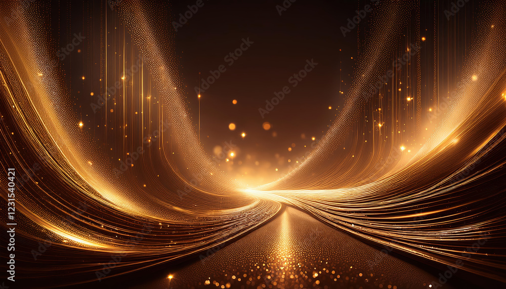 Poster golden light particles create mesmerizing wave effect on dark background, evoking sense of wonder an
