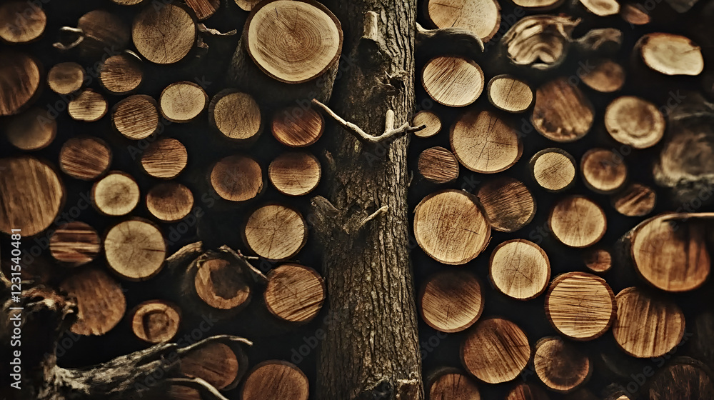 Aufkleber stacked firewood: a rustic and textural image of neatly stacked firewood logs, showcasing the intric
