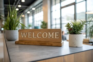 Welcome Sign on Wooden Table with Potted Plant – Bright & Inviting Office or Cafe Decor