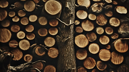 Stacked Firewood: A rustic and textural image of neatly stacked firewood logs, showcasing the intricate grain patterns and warm tones of the wood.  The central tree trunk adds a natural.