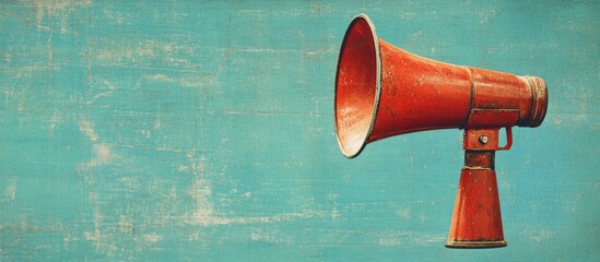 Vintage red megaphone positioned left against textured blue background creates a striking contrast highlighting its retro charm and attention-grabbing appeal