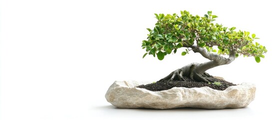 Fototapeta premium Bonsai fig tree with lush green leaves positioned on a textured white stone base against a bright white background showcasing artistry and elegance