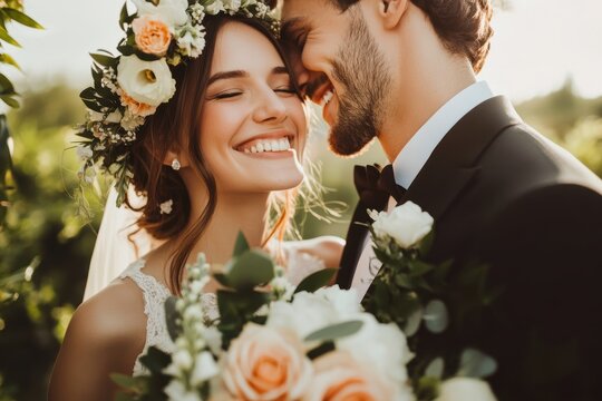 Bride and groom smiling together during outdoor wedding ceremony with floral decorations and romantic atmosphere in vineyard. Love, happiness, and celebration. - Powered by Adobe