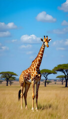 Obraz premium Giraffe in African Savanna Landscape Under Blue Sky