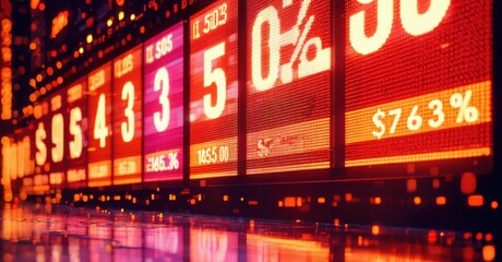 Billboard with fluctuating numbers resembling stock market price changes. Dynamic digital display emits red-orange glow, symbolizing volatility, finance, and trading fluctuations