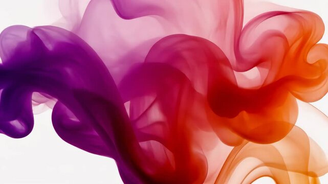 Vibrant swirls of pink, purple, and orange smoke blend together in an abstract, flowing pattern against a white background, creating a dynamic and artistic visual effect.
