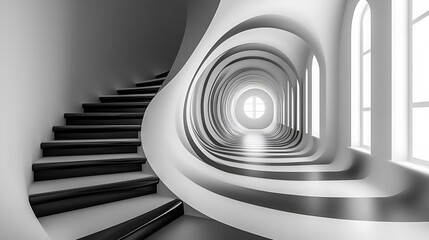 Obraz premium Spiral staircase in white minimalist architecture with curved walls and arched windows. High contrast, abstract perspective, black and white photography