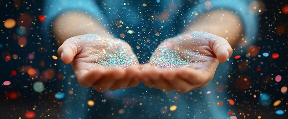 Hands cupped, holding iridescent glitter, confetti falling.