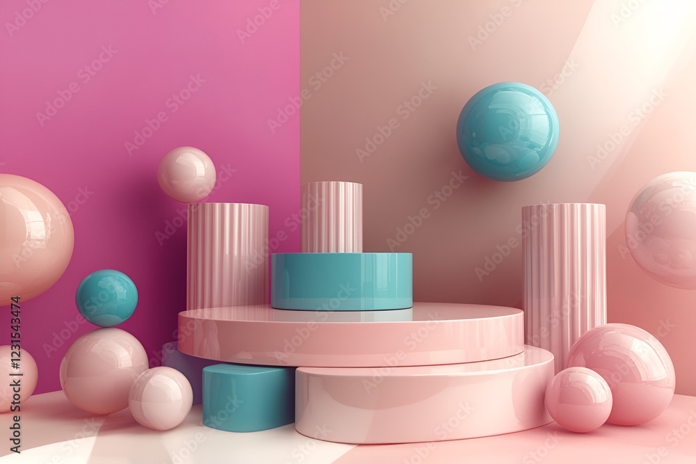 Poster pastel dreamland: abstract 3d rendering of floating pastel pink and teal spheres and cylindrical pla