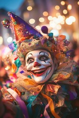 Clown in colorful costume during carnival celebration with festive lights and joyful atmosphere, capturing the spirit of entertainment and street performance.
