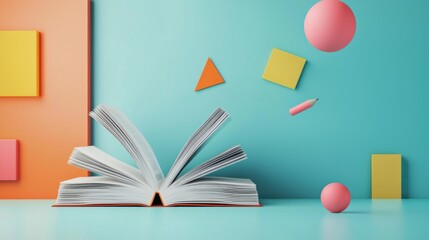 Open Book with Floating Shapes and Stationery: A Colorful Education Concept