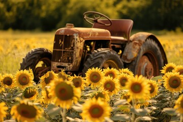 Rustic old tractor sits in a field of vibrant sunflowers at sunset, evoking nostalgia and rural charm.