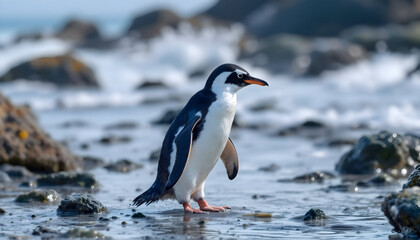 Chinstrap Penguin on Rocky Beach Near Ocean Waves