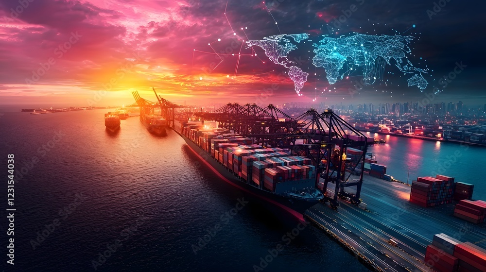 Fototapete Futuristic scene of an AI powered cybernetic logistics terminal with a glowing digital network in the shape of a world map overlaying the port symbolizing the interconnected nature of global shipping