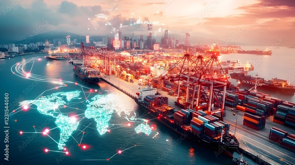 Poster futuristic cybernetic logistics terminal with ai powered global freight management network glowing d