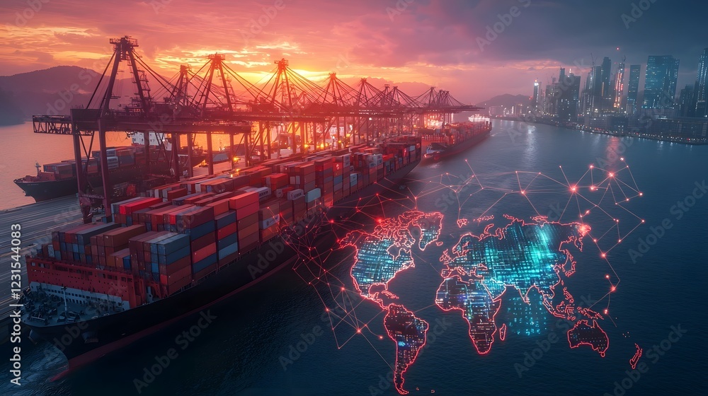 Poster Cybernetic logistics terminal with advanced AI powered freight management system  A glowing digital network in the shape of a world map overlays the port